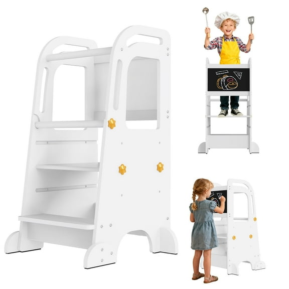 G TALECO GEAR Toddler Tower with Chalkboard, Toddler Kitchen Kids Step Stool Helper, Wooden Stool with Rounded Corner Protection Design, White