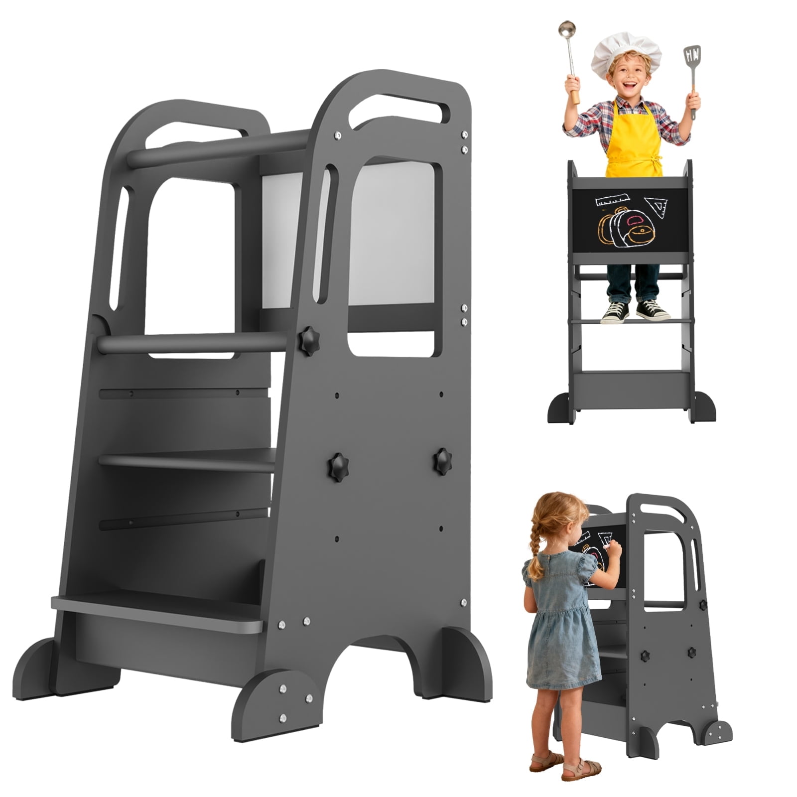 G TALECO GEAR Toddler Tower with Chalkboard, Toddler Kitchen Kids Step Stool Helper, Wooden Stool with Rounded Corner Protection Design, Gray