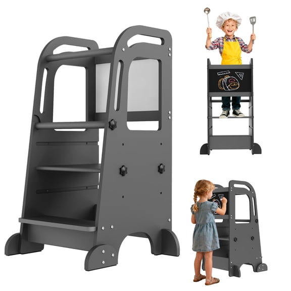 G TALECO GEAR Toddler Tower with Chalkboard, Toddler Kitchen Kids Step Stool Helper, Wooden Stool with Rounded Corner Protection Design, Gray