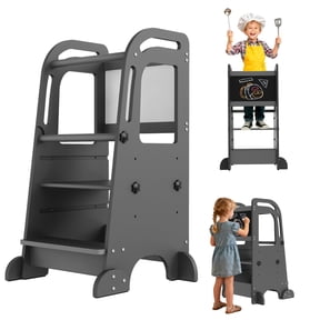 G TALECO GEAR Toddler Tower with Chalkboard, Toddler Kitchen Kids Step Stool Helper, Wooden Stool with Rounded Corner Protection Design, Gray