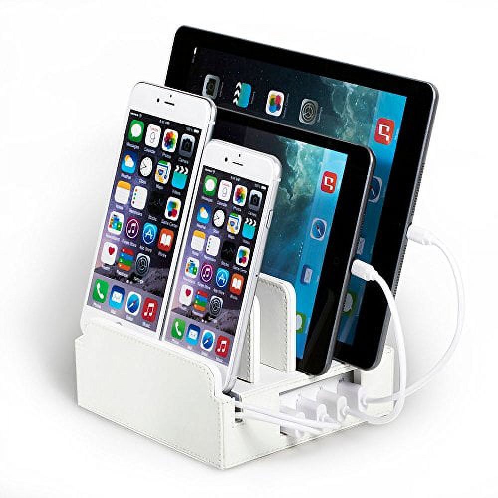 G.U.S Compact Charging Station, Universal Multi-Port USB Charging Station Desktop and Bedside Charging Stock Organizer. White Leatherette - Set of 4 Lightning Cords Included - image 1 of 6
