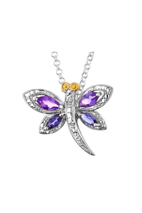 G & W Brilliant Gemstones Sterling Silver with 14K Accent Rhodium-plated Amethyst/Iolite/Diamond Dragonfly18 Inch Necklace with 2 Inch Extender