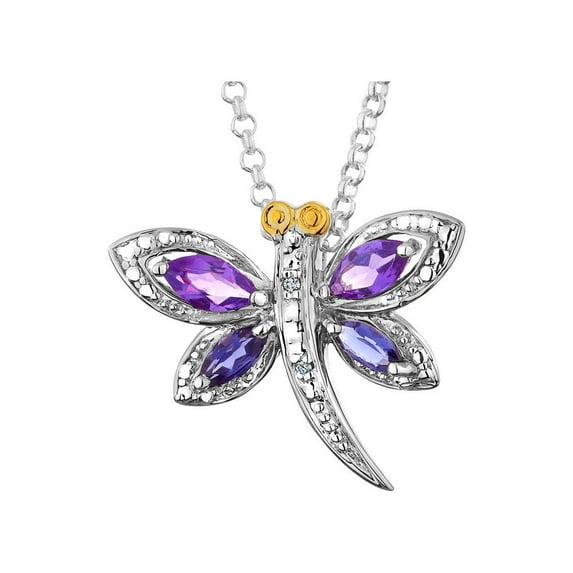 G & W Brilliant Gemstones Sterling Silver with 14K Accent Rhodium-plated Amethyst/Iolite/Diamond Dragonfly18 Inch Necklace with 2 Inch Extender