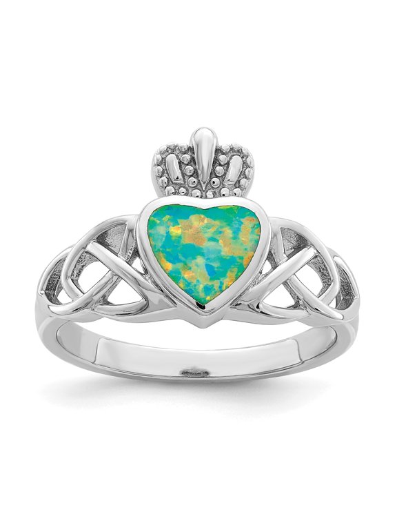 Sterling Silver Rhod-plated Lab Created Opal Celtic Knot Crown Ring QR6901