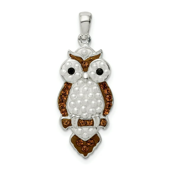 G & W Sterling Silver Rhod-pltd Imitation Pearl/Preciosa Crystal Owl Pendant