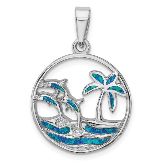 G & W Sterling Silver Rhodium-plated Blue Created Opal Dolphins Pendant