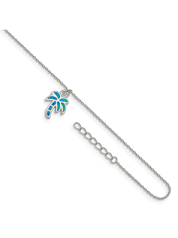 G & W Sterling Silver Rhodium-plated Created Opal Palm Tree 9 inch with a 1 inch extention Anklet