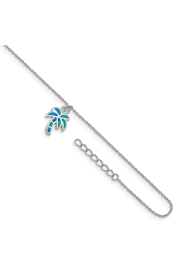 G & W Sterling Silver Rhodium-plated Created Opal Palm Tree 9 inch with a 1 inch extention Anklet