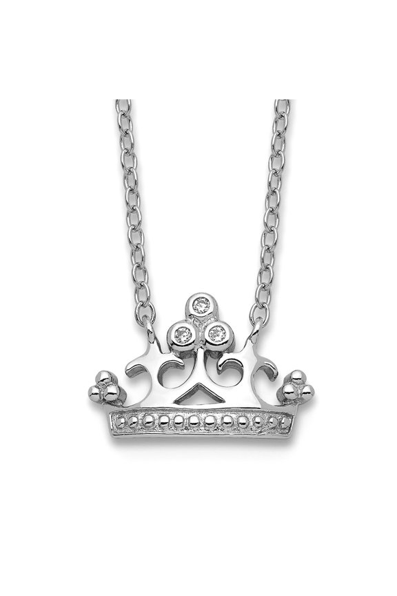925 Sterling Silver Polished Spring-Ring Cubic Zirconia Crown With 2inch Ext. Necklace 16 Inch 9mm Wide Pendant Necklace