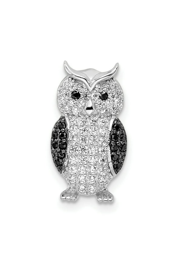G & W Sterling Silver Rhodium-plated Polished Black and White CZ Owl Slide Pendant