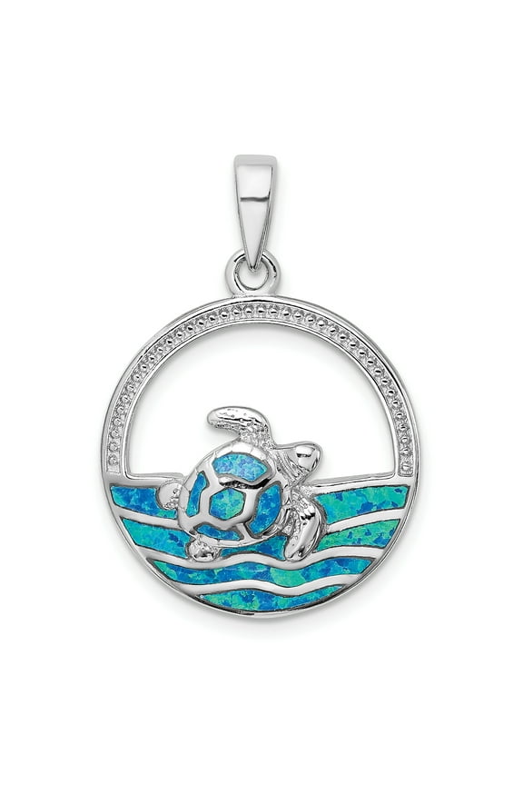 G & W Sterling Silver Rhodium-plated Polished Blue Inlay Created Opal Turtle Pendant