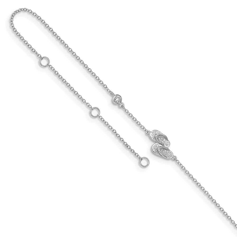G & W Sterling Silver Rhodium-plated Polished CZ Flip Flops 9 inch with a 2 inch extention Anklet