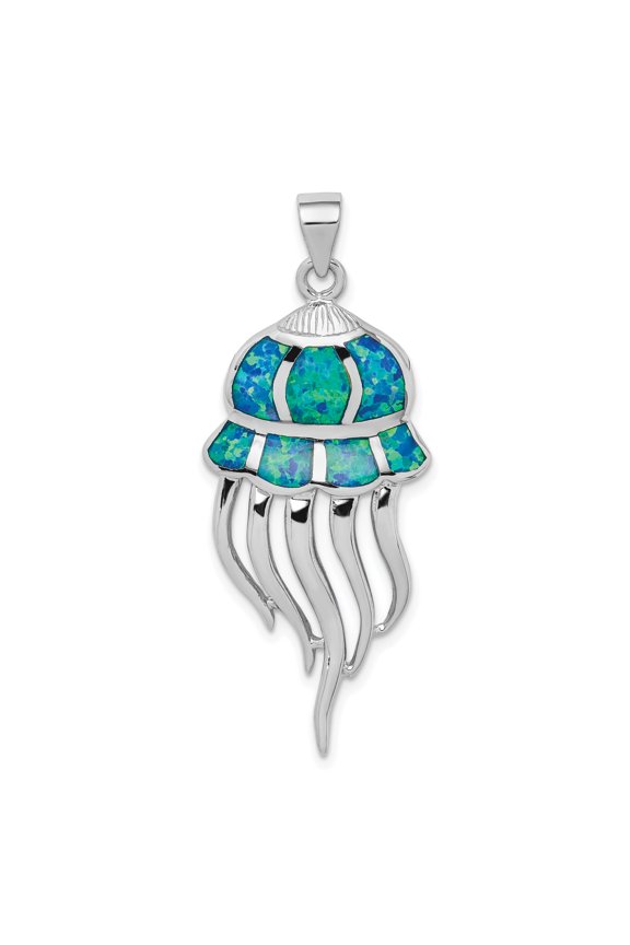 Sterling Silver Rhodium-plated Polished Created Blue Opal Jellyfish Pendant