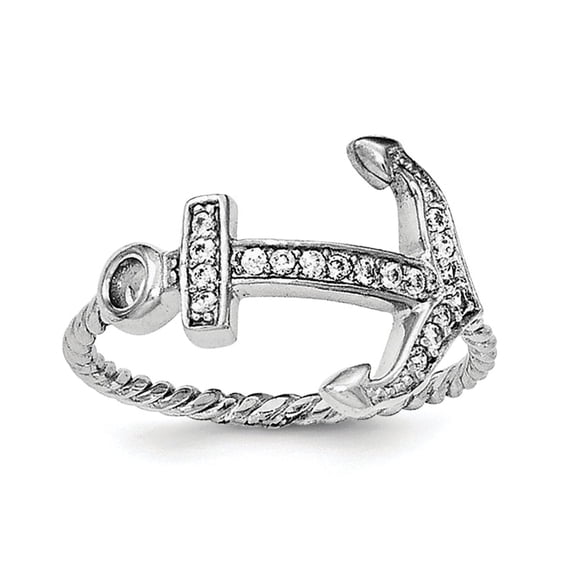 G & W Sterling Silver Rhodium-plated Polished and Textured CZ Anchor Ring