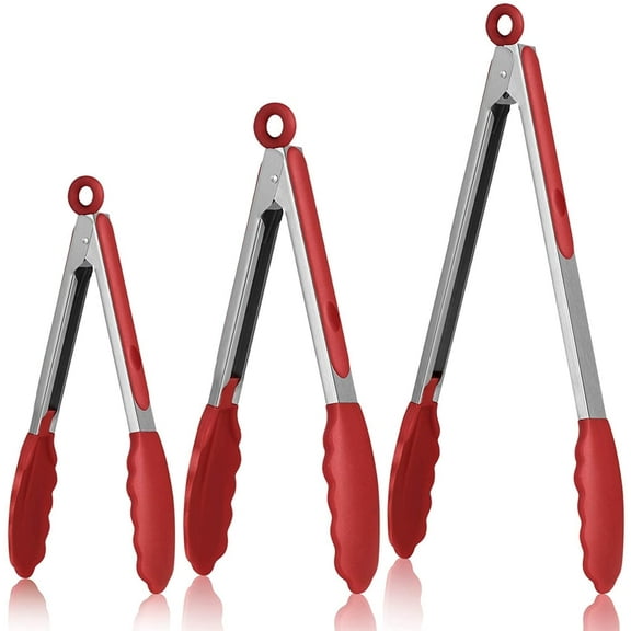 G-WELL 3 Pieces Stainless Kitchen Silicone Locking Tongs for Cooking and Serving Food, 7-Inch, 9-Inch, 12-Inch(Red)