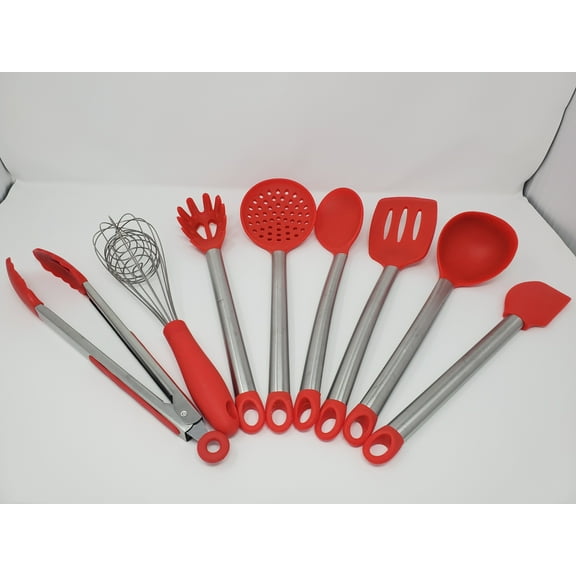 G-WELL 8 PCS Silicone Kitchen Cooking Utensil Set-Non Stick Heat Resistant Stainless Steel Handle-Red