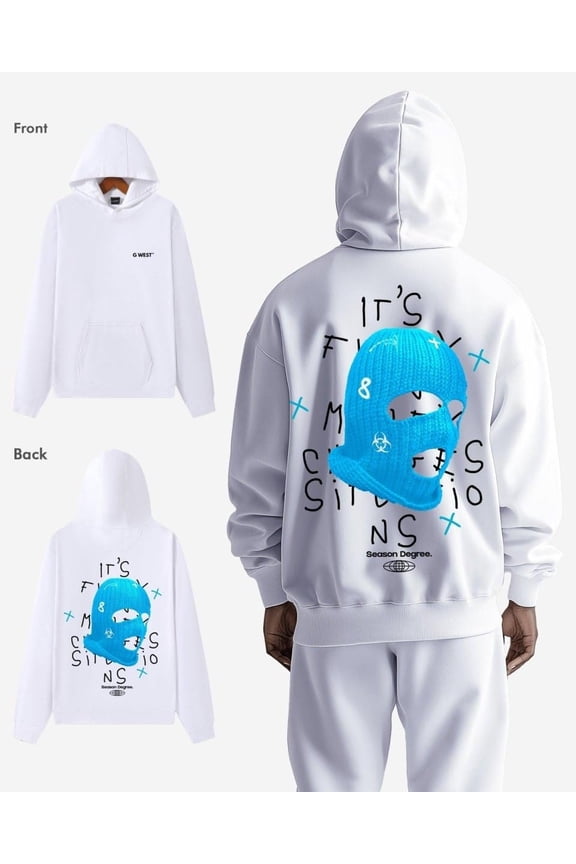 Mens Blue Ski Mask Oversized Hoodie White / XL