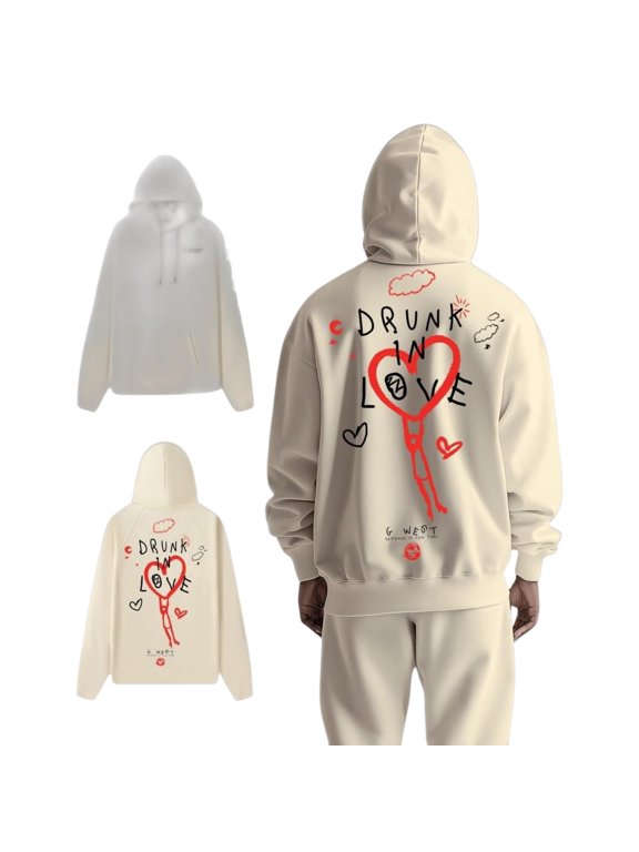 Mens Drunk In Love Heavy Premium Oversized Hoodie Cream / M