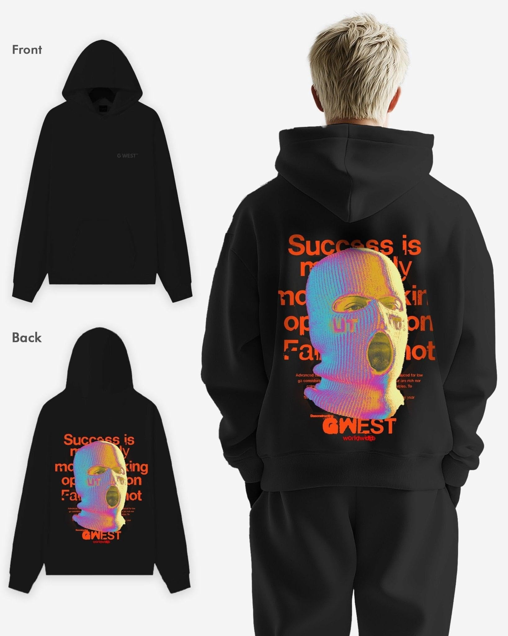 G West Mens Holographic Ski Mask Heavy Premium Oversized Hoodie Black / XS