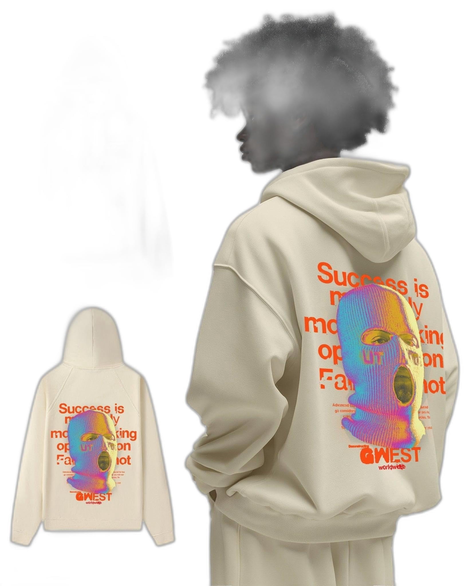 G West Mens Holographic Ski Mask Heavy Premium Oversized Hoodie Cream / M