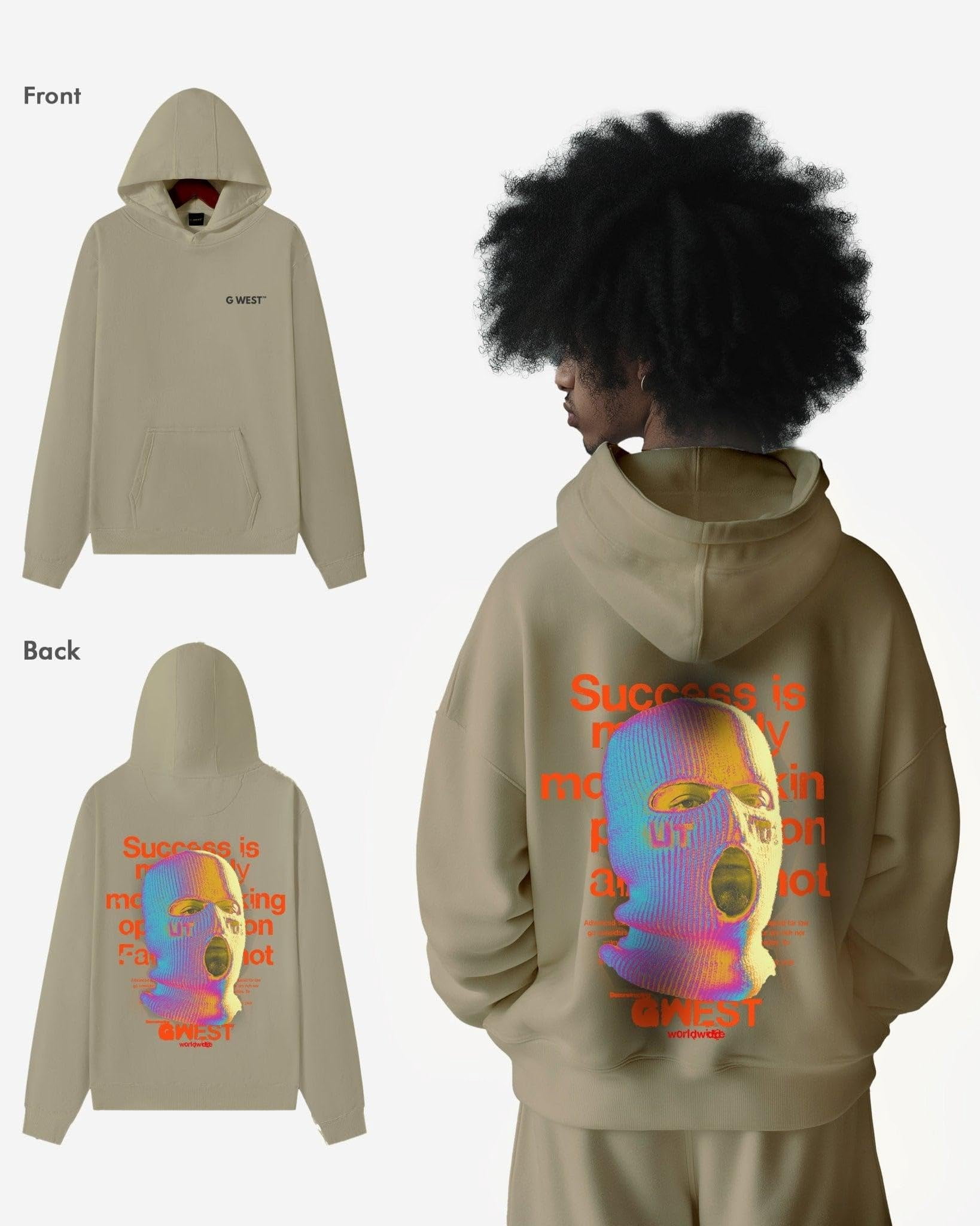 G West Mens Holographic Ski Mask Heavy Premium Oversized Hoodie Eucalyptus / 2XL