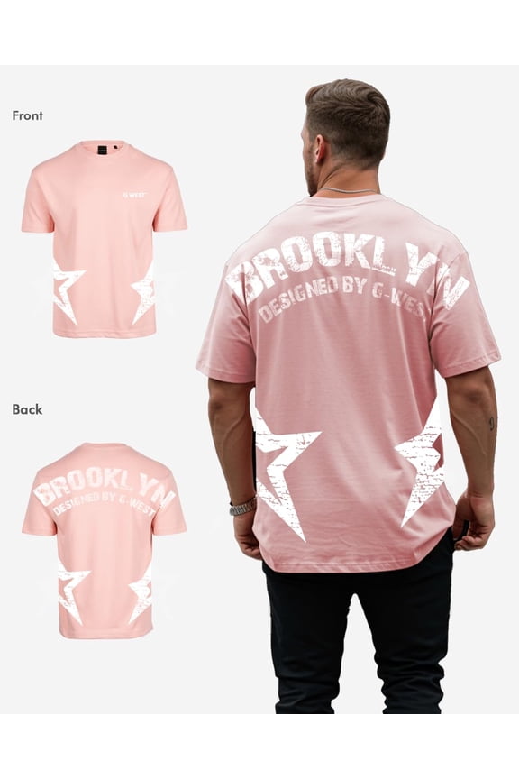 Mens Oversized Brooklyn Arch Logo Tee SPANISH PINK Size- Medium
