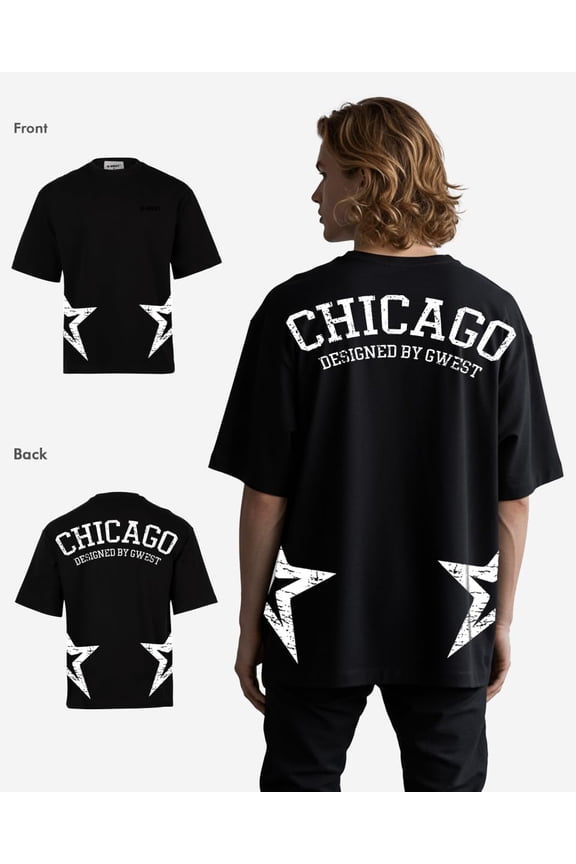 Mens Oversized Chicago Arch Logo Tee Black Size- Large