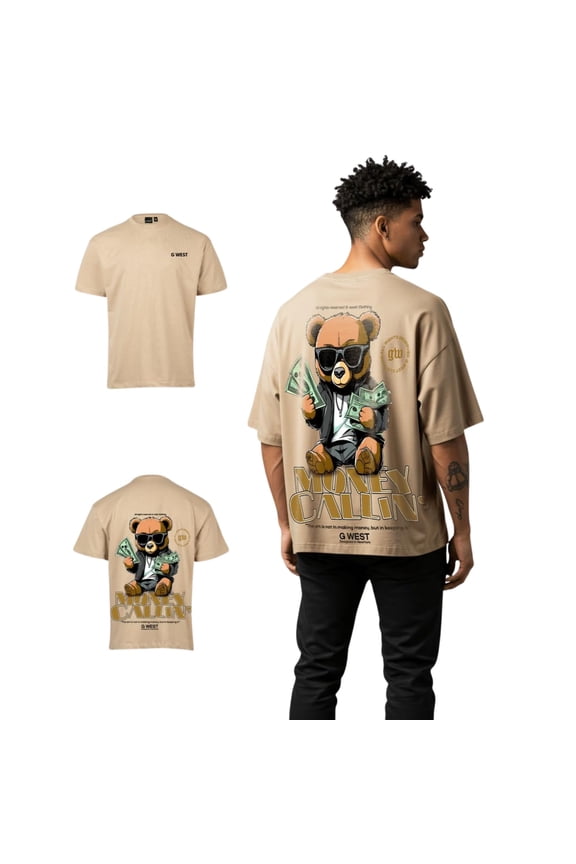 Mens Oversized Money Calling T Shirt Tan Size- Large