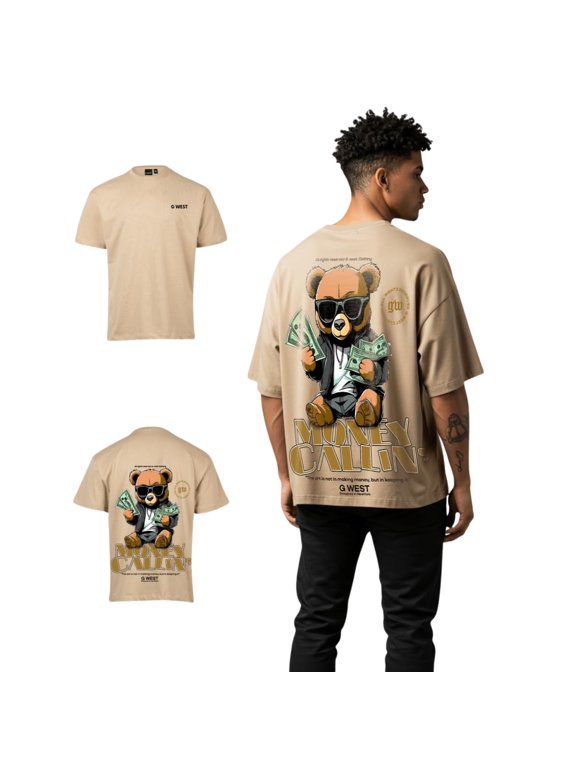 Mens Oversized Money Calling T Shirt Tan Size- Large