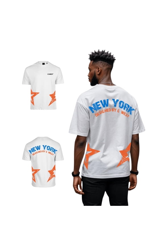 Mens Oversized New York Arch Logo With Star Tee White Size- Large
