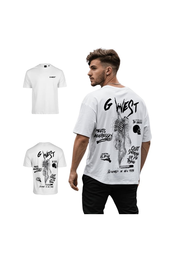 Mens Oversized Smoke Skeleton Tee White Size- Large
