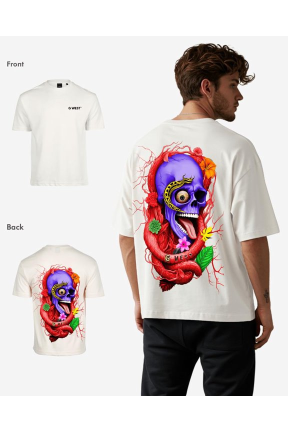 G-West OVERSIZED PREMIUM SNAKE SKULL Mens T-Shirt Ecru Size-L