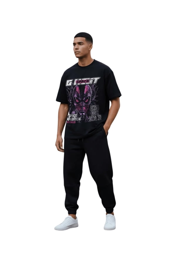 Rhinestone Space Expedition Oversized Mens T-Shirt Black Size- S