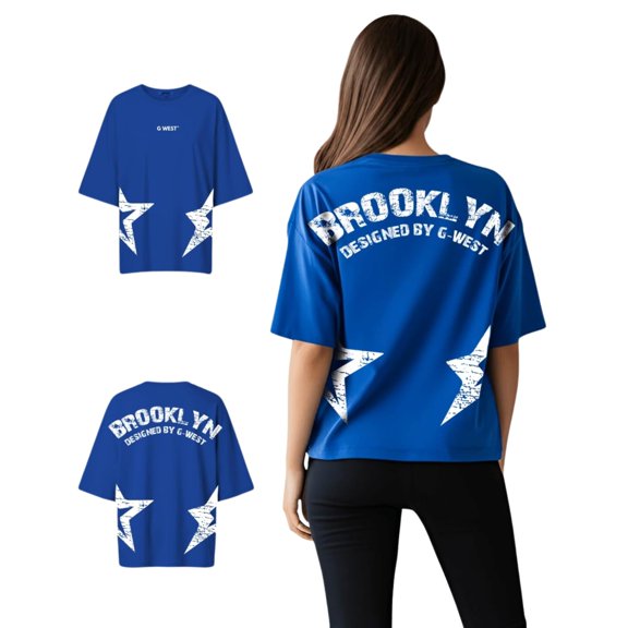G West Womens Oversized Brooklyn Arch Logo Tee Blue Size- Large