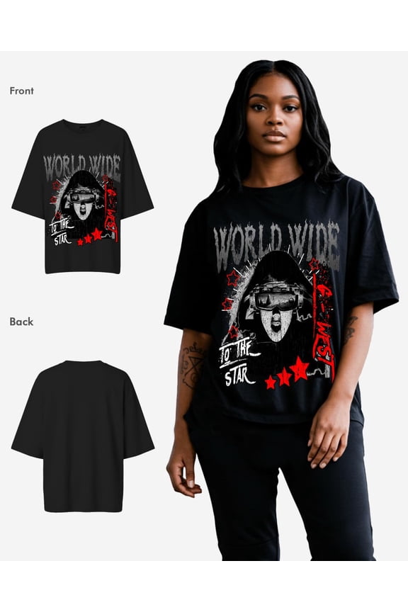 Womens Oversized Old World Wide Star T Shirt Black Size- X-Small