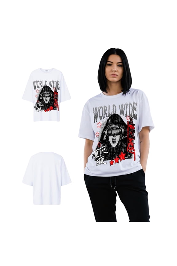 Womens Oversized Old World Wide Star T Shirt White Size- X-Large