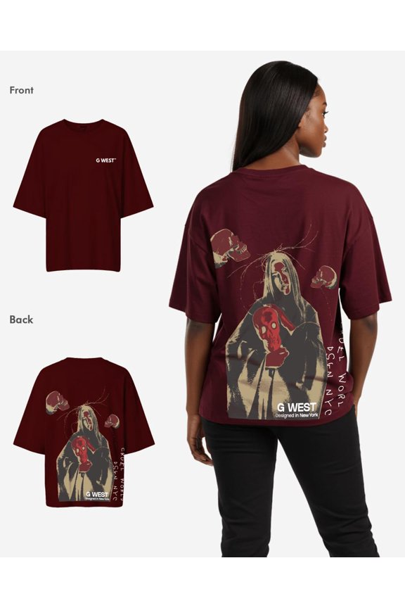Womens Oversized Red Skull Tee Burgundy Size- Medium