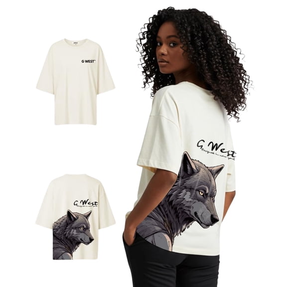 G West Womens Oversized Wolf T Shirt Cream Size- Medium
