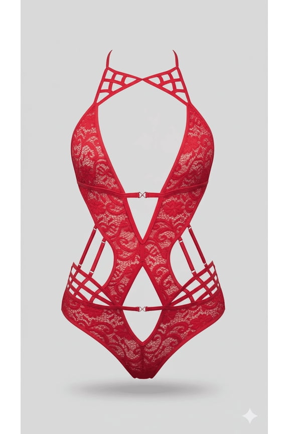 1pc Strappy Galore Halter Teddy Red Onesize Polyamide