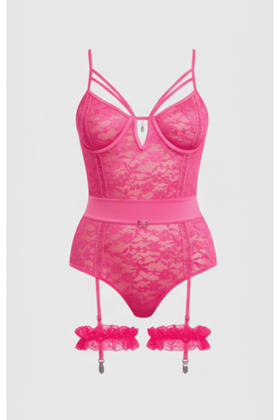 Sheer Lace Teddy With Snap Crotch and Garters Lingerie, Queen Size, Glossy Pink (Women's Plus)