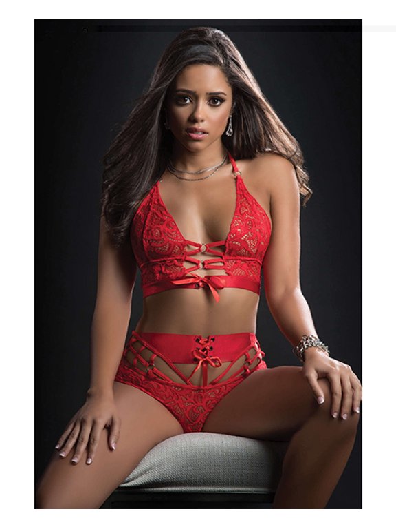 G-World 2pc O-Ring Boyshort Halter Top and Stockings - One Size - Candy Red