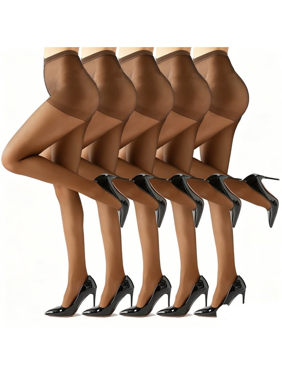 Women's Ultra Sheer Pantyhose, 100% Nylon Panthhose, 5Pairs, Coffee L