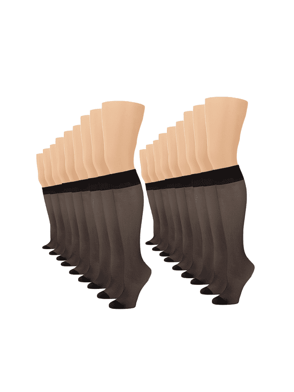Women's Knee High Stockings - 15D Sheer Nylon Socks with Reinforced Toe, 18 Pairs, Black