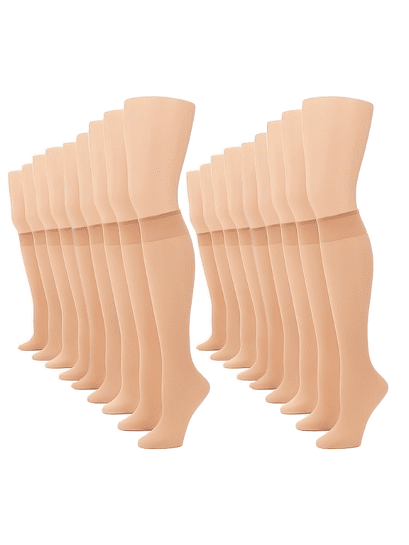 Women's Knee High Stockings - 15D Sheer Nylon Socks with Reinforced Toe, 18 Pairs, Nude