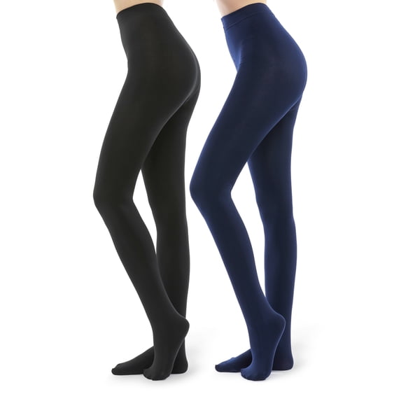 G&Y Fleece Lined Tights for Women - Opaque Warm Winter Tights, 2 Pack, Black & Navy Blue XL
