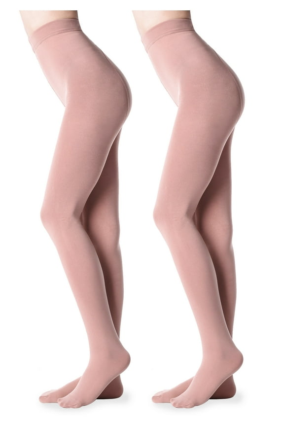 2 Pairs Fleece Lined Tights for Women - 100D Opaque Warm Winter Pantyhose, Nude S