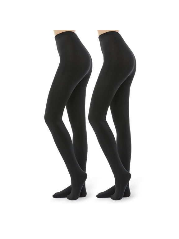 2 Pairs Fleece Lined Tights for Women - 100D Opaque Warm Winter Pantyhose, Black S
