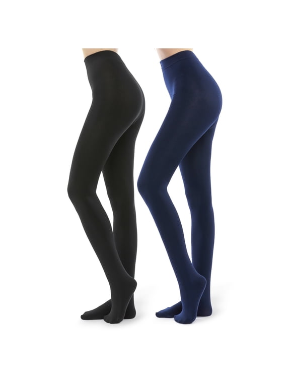 Fleece Lined Tights for Women - Opaque Warm Winter Tights, 2 Pack, Black & Navy Blue M