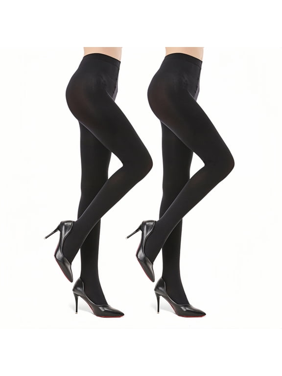 2 Pairs Semi Opaque Tights for Women - 70D Microfiber Control Top Pantyhose, 2Black, M