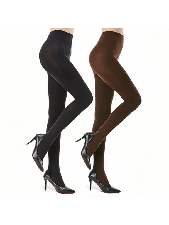 2 Pairs Semi Opaque Tights for Women - 70D Microfiber Control Top Pantyhose, 1Black1Coffee, L